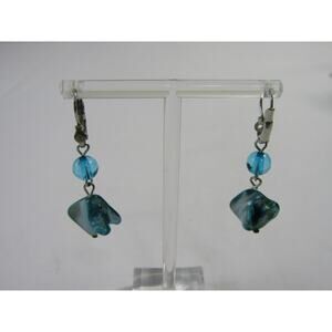 Blue Shell Glass Bead Dangly Earrings Boho Cottagecore 2" Retro Whymsical Hinge